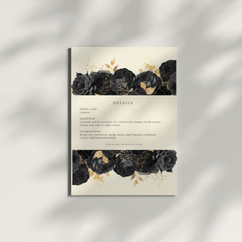 Watercolor Gold Black Roses Reception Details Card