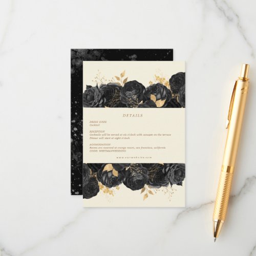 Watercolor Gold Black Roses Reception Details card