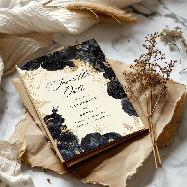 Watercolor Gold Black Roses Save the Date Invitation (Creator Uploaded)