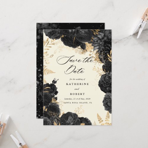 Watercolor Gold Black Roses Save the Date Invitation