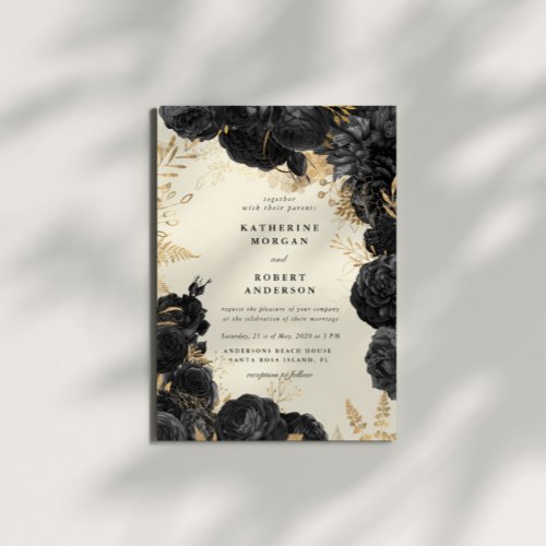 Watercolor Gold Black Roses Wedding Invitation