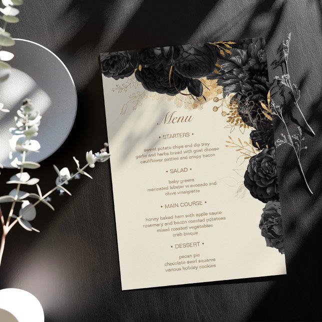 Watercolor Gold Black Roses Wedding Menu Invitation (Creator Uploaded)