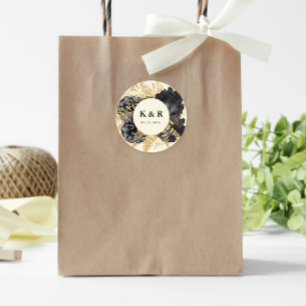 Watercolor Gold Black Roses Wedding Monogram Classic Round Sticker