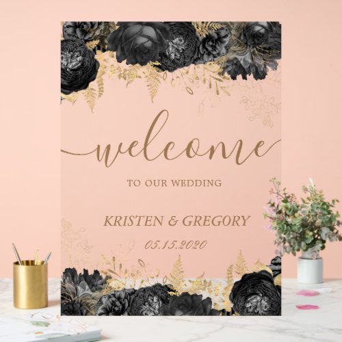 Watercolor Gold Black Roses Wedding Welcome Acrylic Sign