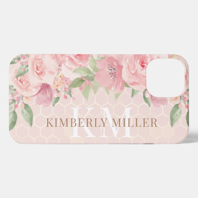 Watercolor Gold Blush Pink Floral Monogram iPhone Case (Back Horizontal)