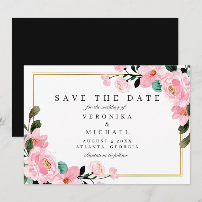 Watercolor Gold Botanical Elegant Wedding Save The Date (Front/Back)