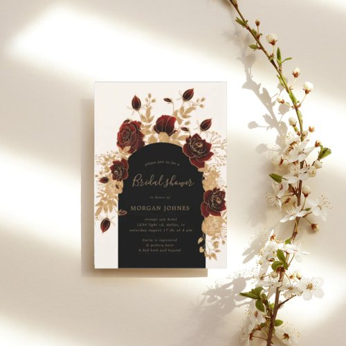Watercolor Gold Burgundy Roses Bridal Shower Invitation