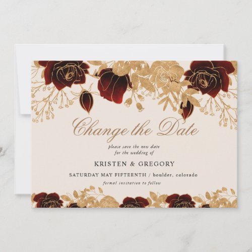 Watercolor Gold Burgundy Roses Change The Date Invitation