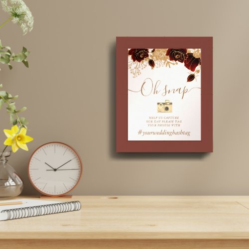 Watercolor Gold Burgundy Roses Hashtag Sign
