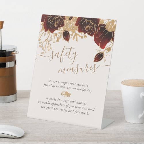 Watercolor Gold Burgundy Roses Safety Measures Pedestal Sign