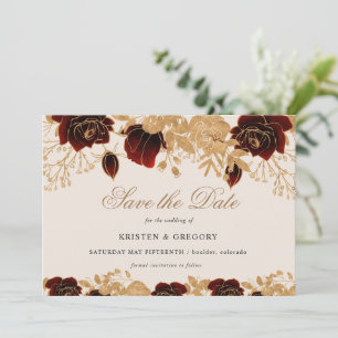 Watercolor Gold Burgundy Roses Save The Date Invitation