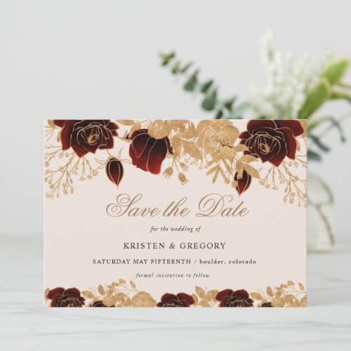 Watercolor Gold Burgundy Roses Save The Date  Invitation