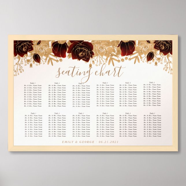 Watercolor Gold Burgundy Roses Seating Chart Sign (Framed Front)
