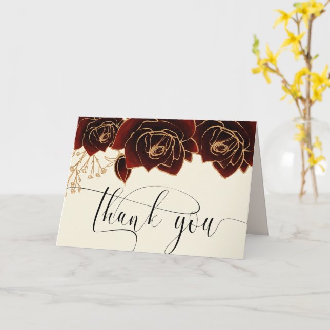 Watercolor Gold Burgundy Roses Thank You Card (Yellow Flower)