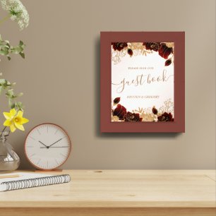 Watercolor Gold Burgundy Roses Wedding Guest Book