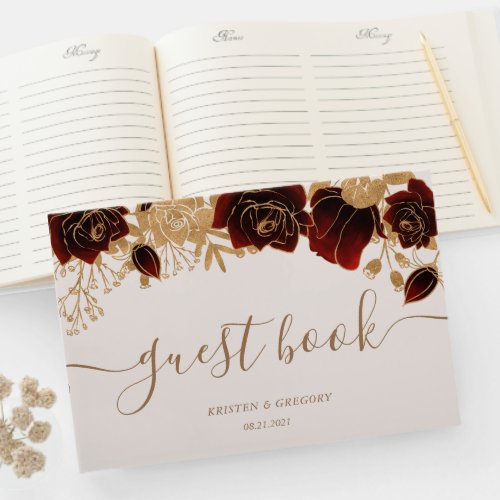 Watercolor Gold Burgundy Roses Wedding Guest Book
