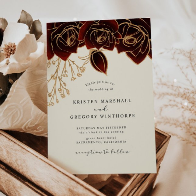Watercolor Gold Burgundy Roses Wedding Invitation (Creator Uploaded)
