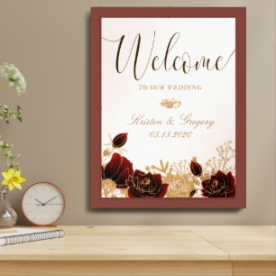 Watercolor Gold Burgundy Roses Wedding Welcome Framed Art