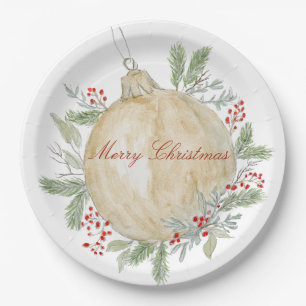 Watercolor Gold Christmas Ornament Paper Plates