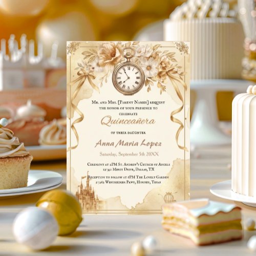 Watercolor gold Cinderella theme quinceanera Invitation
