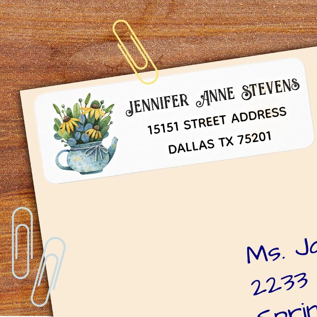 Watercolor Gold Coneflowers in Teapot, Address Label (Creator Uploaded)