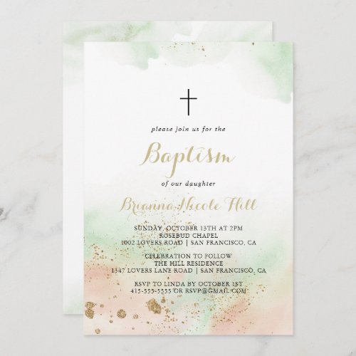 Watercolor Gold Confetti Baptism  Invitation