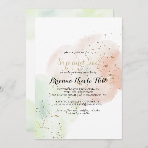 Watercolor Gold Confetti Sip and See Invitation