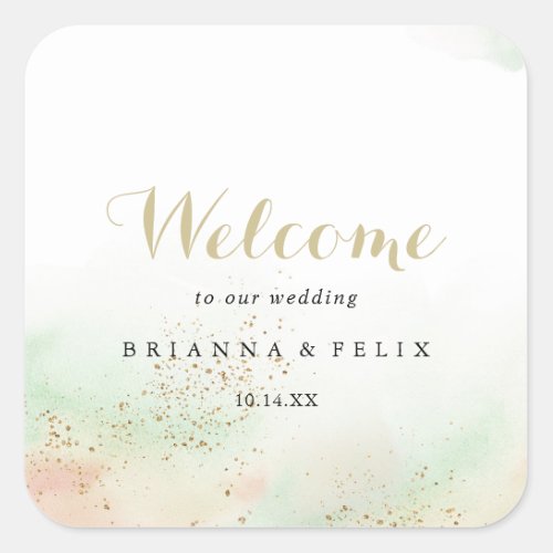 Watercolor Gold Confetti Wedding Welcome  Square Sticker