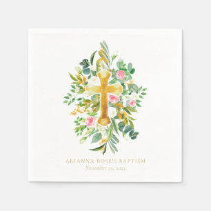 Watercolor Gold Cross Pink White Floral Baptism Napkins