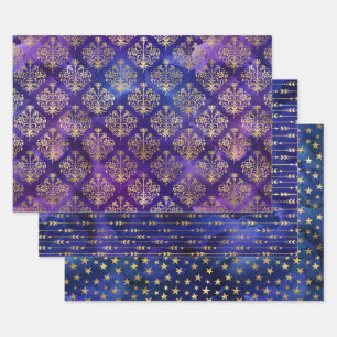 Watercolor Gold Damask & Starry Patterns Wrapping Paper Sheets