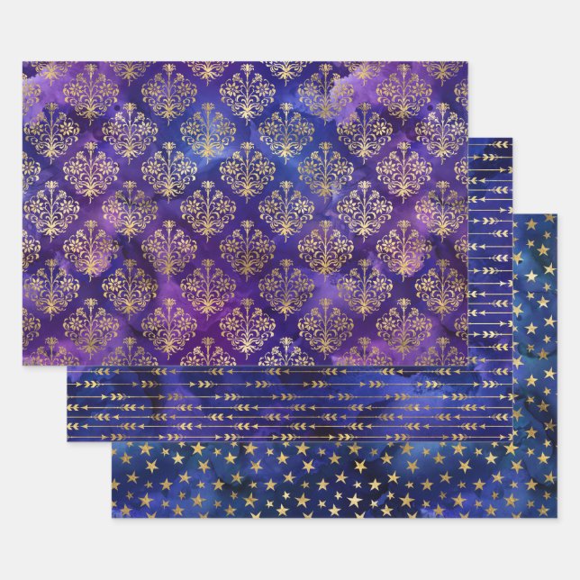 Watercolor Gold Damask & Starry Patterns Wrapping Paper Sheets (Set)