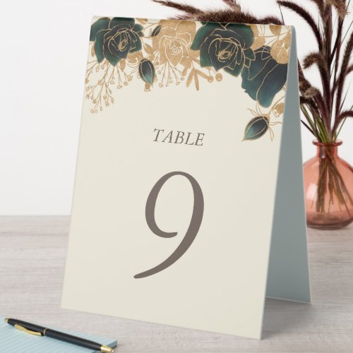 Watercolor Gold Emerald Roses Number Table Tent Sign