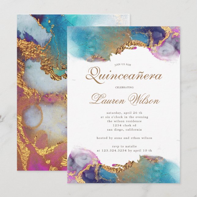 watercolor gold faux foil Quinceanera Invitation (Front/Back)