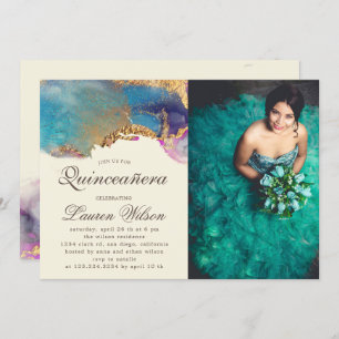 watercolor gold faux Quinceanera Photo Invitation