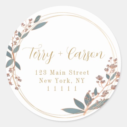 Watercolor Gold Floral Round Return Address Label 