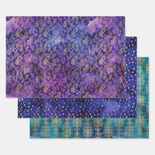 Watercolor Gold Floral & Starry Patterns Wrapping Paper Sheets