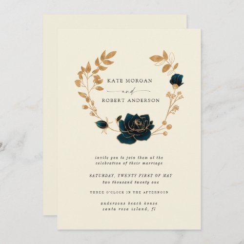 watercolor gold floral wreath wedding invitation