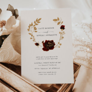 Watercolor Gold Floral Wreath Wedding Invitation