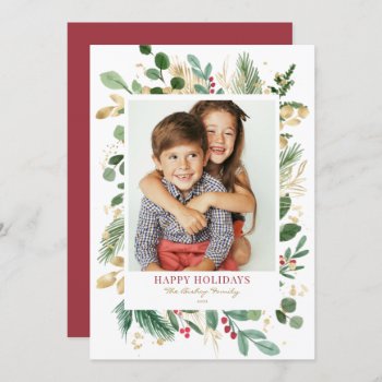 Watercolor Gold Foil Greenery And Holly Photo Holiday Card by misstallulah at Zazzle