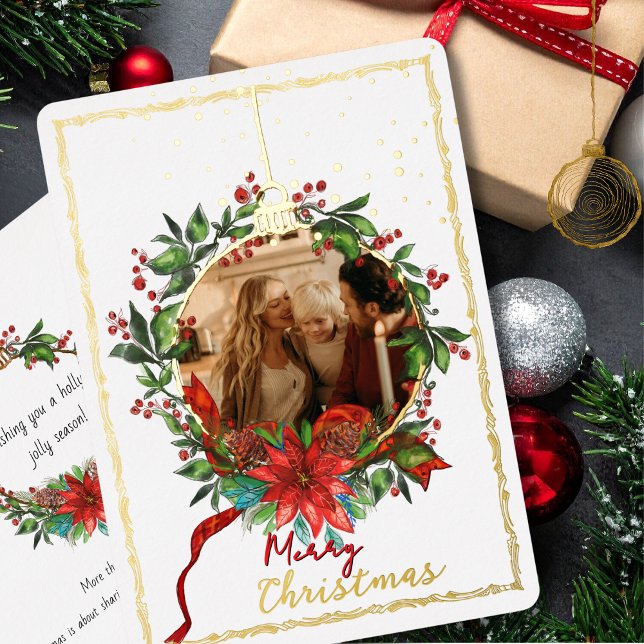 Watercolor Gold Foil Holly Wreath Photo Card  (Watercolor Gold Foil Holly Wreath Photo Card )