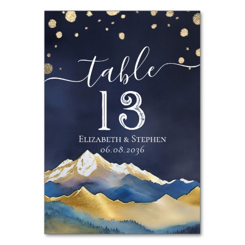 Watercolor Gold Foil Mountain Wedding Table Number