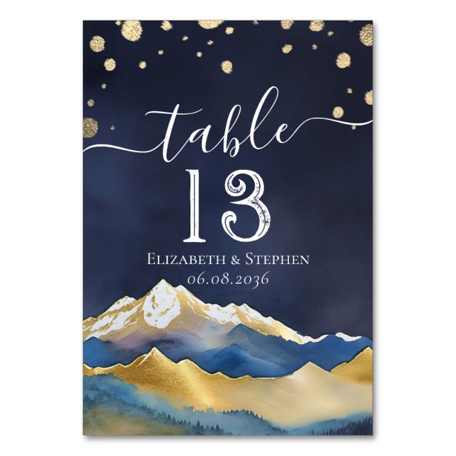 Watercolor Gold Foil Mountain Wedding Table Number (Front)