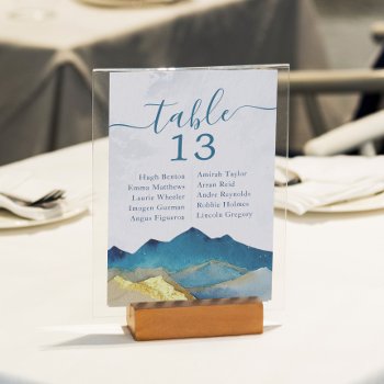 Watercolor Gold Foil Mountain Wedding Table Number by ReadyCardCard at Zazzle