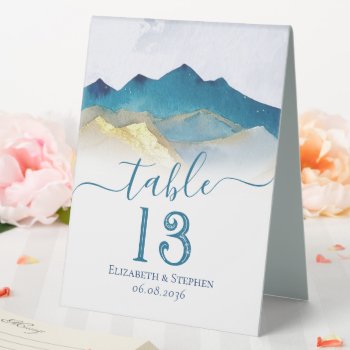 Watercolor Gold Foil Mountain Wedding Table Number Table Tent Sign by ReadyCardCard at Zazzle