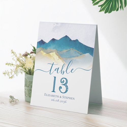 Watercolor Gold Foil Mountain Wedding Table Number Table Tent Sign