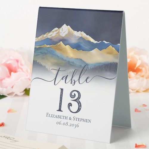 Watercolor Gold Foil Mountain Wedding Table Number Table Tent Sign