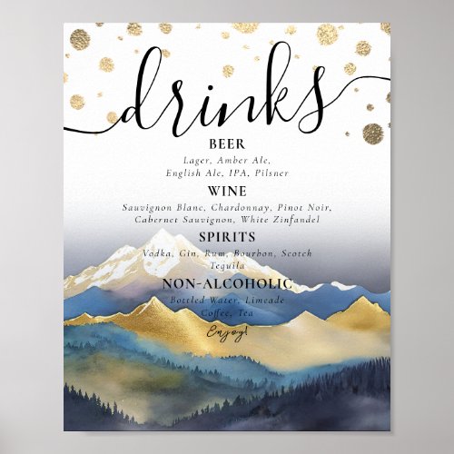 Watercolor Gold Foil Mountains Wedding Drinks Menu Poster