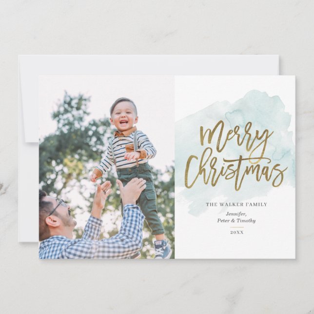 Watercolor Gold Foil Script Calligraphy 2 Photo Holiday Card (Front)