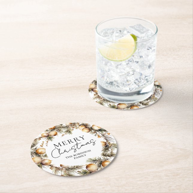 Watercolor Gold Foliage Christmas Round Paper Coaster (Insitu)