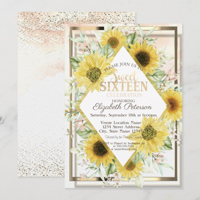 Watercolor Gold Frame Sunflowers Sweet 16 Invitation (Front/Back)